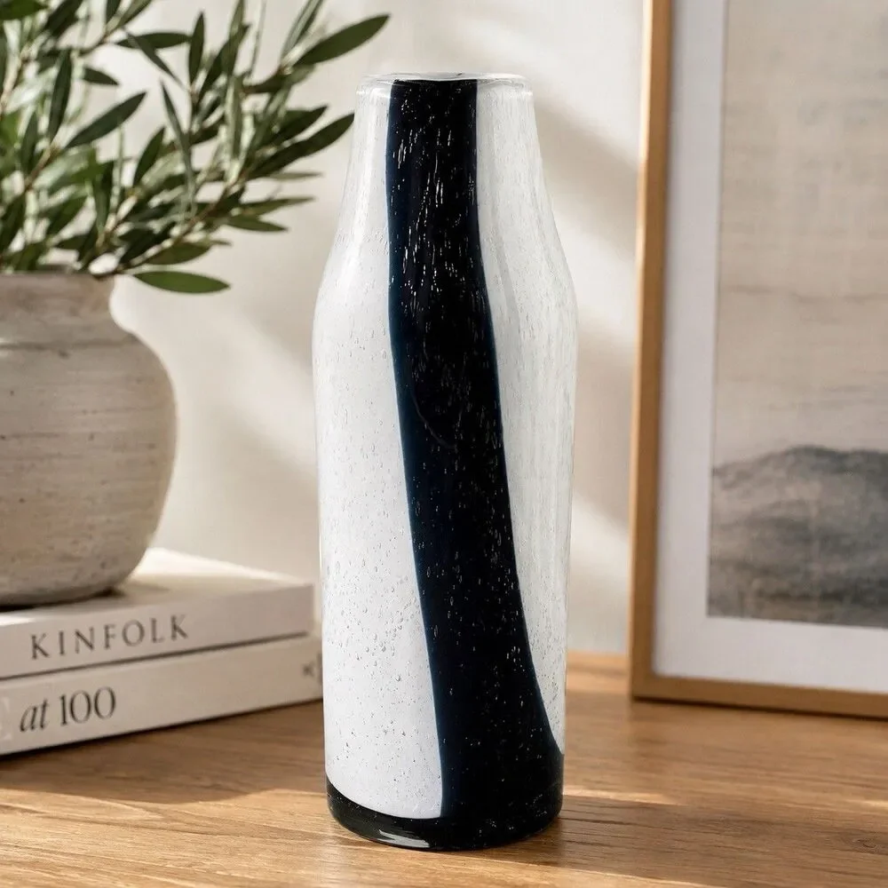 Target Handcrafted Art Glass Vase Black White Swirl Bubble Glass 12” Modern